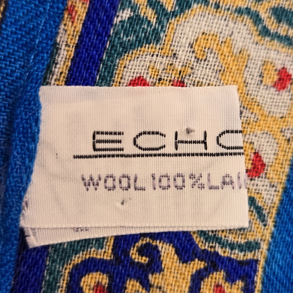Echo 100% Wool Scarf 34" Square Floral Paisley Plaid Challis Blue Multicolor NWT - Picture 5 of 12